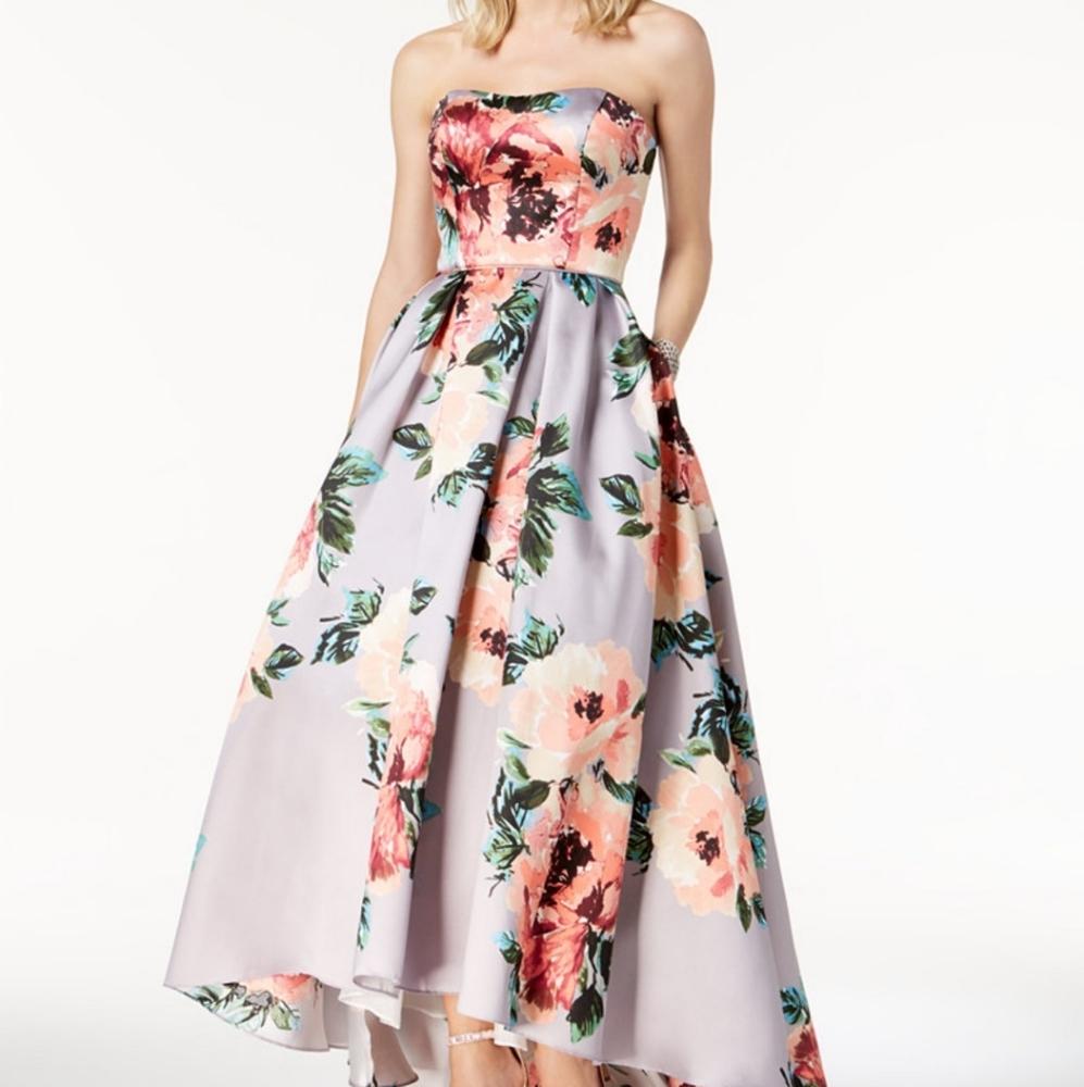 BHLDN Betsy Adam LUCIANA  Blue Gray Floral Hi Lo Strapless Formal Gowm